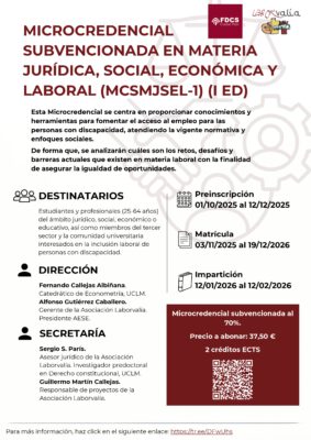 Microcredencial subvencionada en Materia jurídica, social, económica y laboral.